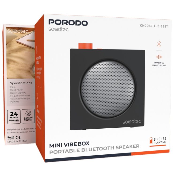 Porodo Mini VibeBox Portable Bluetooth Speaker with TF Card Slot, Up to 6 Hours Play Time, Bluetooth Version 5.4, 10m Transmission Range, 5W Rated Power, Powerful Stereo Sound, Multi-Function Control - Black