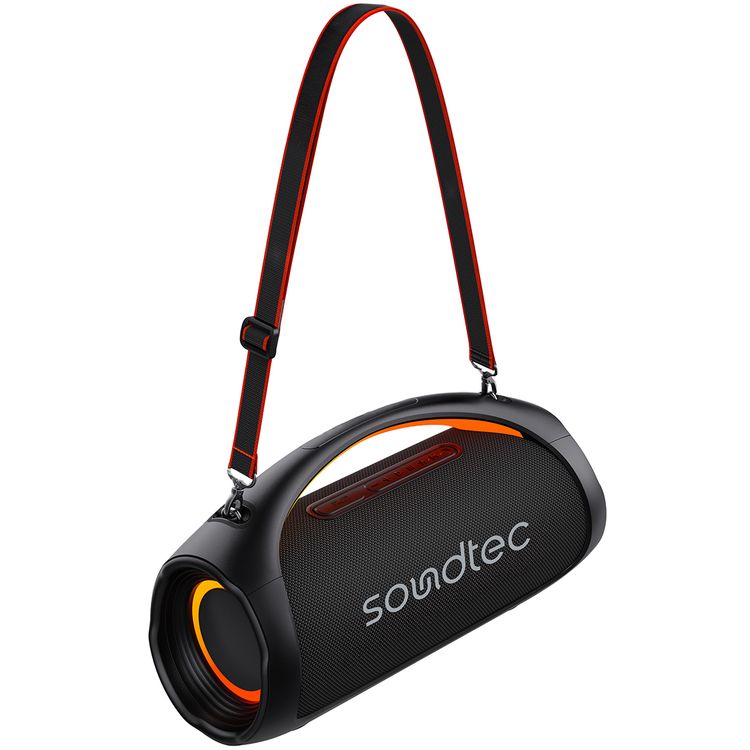 Porodo Rush Pro Portable Party Speaker with Voice Assistant, IPX6 Water Resistant, 5 Hours Play Time, RGB Lights, 7000mAh Battery Capacity, USB-A & USB-C Connector Type, 10m Transmission Range, Bluetooth Version 5.3, 10 Hours Charging Time, Power Bank Function, Grip Handle - Black