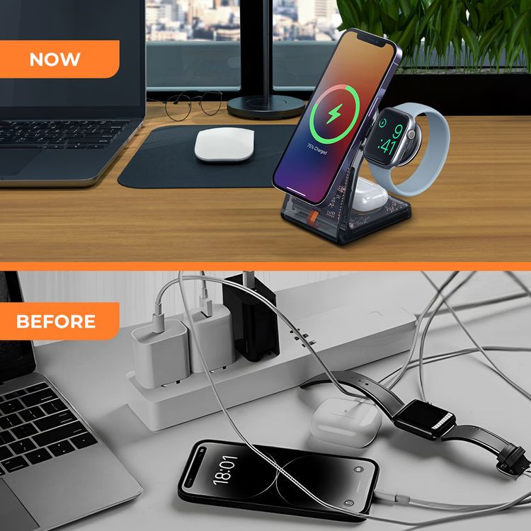 Porodo Transparent Shell Wireless Charging Stand with 15W Wireless Output, Multi-Device Charging, 3W Earbuds Output, Transparent Design, 2.5W Type-C Output - Black