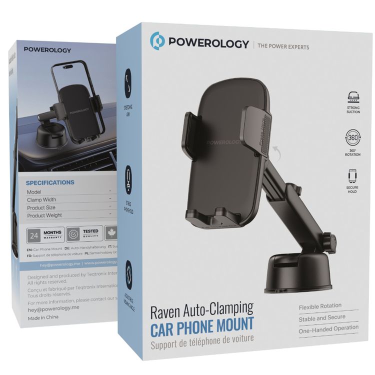 حامل هاتف السيارة باورولوجي رافن، مثبت تلقائيًا، مع دوران 360 درجة، وزاوية رؤية قابلة للتعديل، وعرض المشبك 5.5-9 سم، وشفط قوي، وثبات آمن - أسود