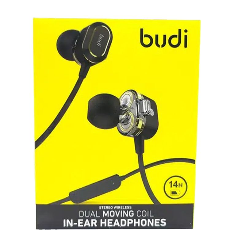 سماعات أذن لاسلكية Budi Stereo داخل الأذن مع أطراف أذن من السيليكون متعددة، صوت ستيريو عالي الوضوح، سماعات مغناطيسية لتخزين سهل، عمر بطارية يصل إلى 14 ساعة، نطاق لاسلكي يصل إلى 10 أمتار، محركات ثنائية الملف - أسود