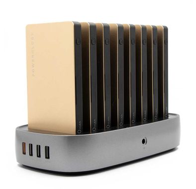 Powerology 8-in-1 Power Bank Station 8000mAh With Built-in Cable, Portable Power Bank and 1 Rapid Recharging Station Compatible iPhone Devices,  Type C Charging Ports - Gold