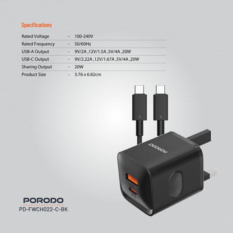 شاحن حائط ثنائي المنفذ من Porodo في المملكة المتحدة مع كابل USB-C إلى USB-C، PD 20 وات، QC 20 وات، حماية من الحرارة الزائدة، طول الكابل 1.2