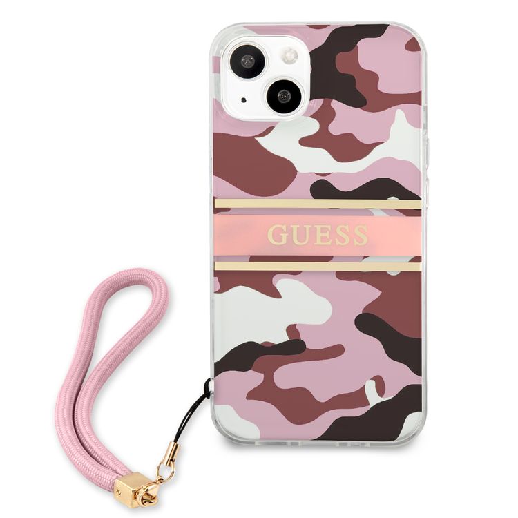 CG MOBILE Guess PC/TPU Case Camo Design & Stripe with Anti-Lost Nylon Strap for iPhone 13 (6.1") Shock Absorption & Drop Protection Suitable with Wireless Chargers Officially Licensed Pink