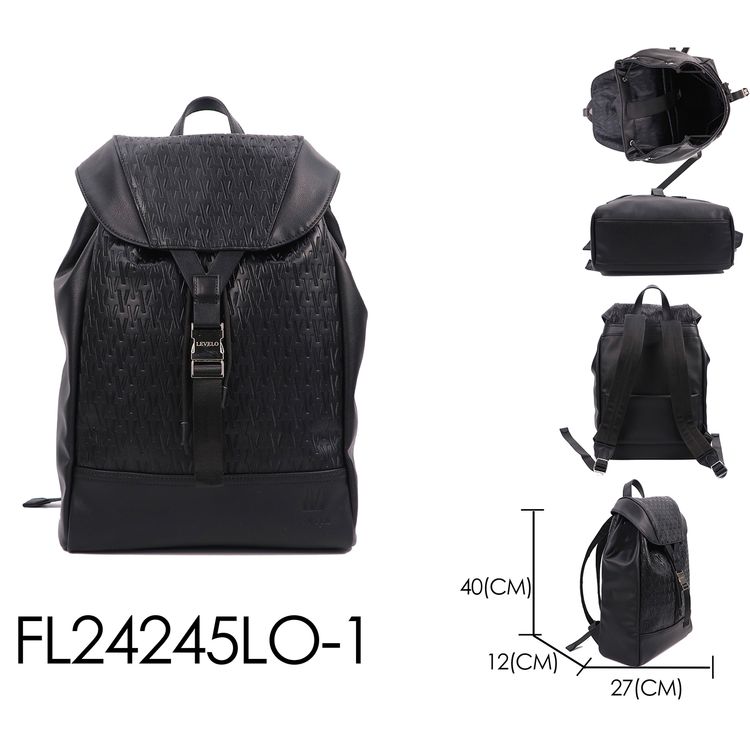 Levelo Envol Universal Fashion Backpack with Premium Leather Material, Scratch Resistant, Lightweight Design, Push Buckles, Drawstring Closure, Multiple Compartments - Black
