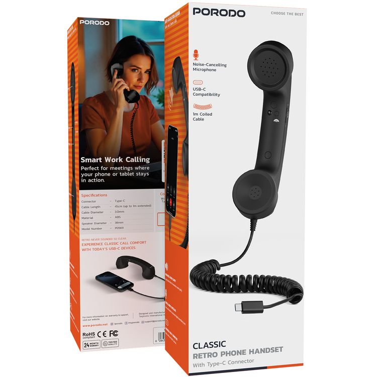 Porodo Classic Retro Phone Handset with Ergonomic Rubber, Advanced Noise Cancellation, ABS Material, 38mm Speaker, 2.5-Meter Cable - Black