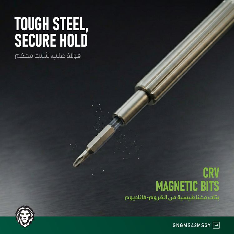 Green Lion GMS-42 Manual Screwdriver with 42 Pieces Precision CR-V Bit Set, Aluminum Alloy Handle, Push-Release Storage Case, Quick-Swap Bit Change, Magnetic Storage Case, 4mm Hex Shank, 28mm Precision Bits, 360° Swivel Rotation Cap - Gray