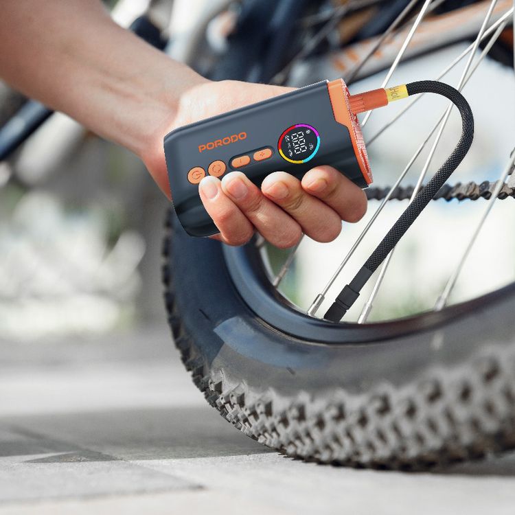 Porodo Electric Air Inflator with 150PSI High-Pressure Power, 4 Inflation Mode, 30cm Cable Length, USB-C Charging Cable, Up to 5 Hours Charging Time, Detects Air Pressure - Black