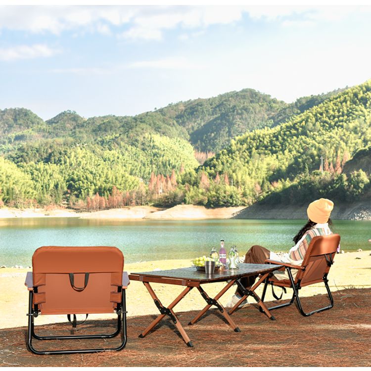 Porodo Lifestyle Camping Foldable Chair with 150kg Load Capacity, Aluminum Frame + 600D Oxford Cloth + Beech Wood Material - Brown