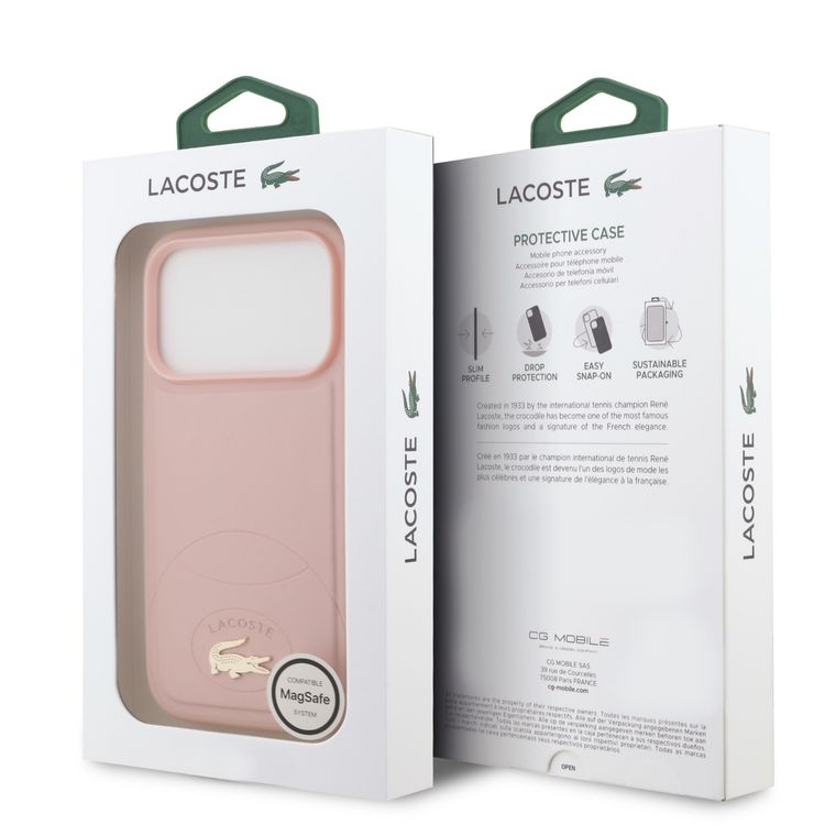 Lacoste MagSafe PU Leather Hard Case with Bliss Design for iPhone 17 Pro Max, Drop Protection, Slim Profile, Sustainable Packaging, Easy Snap-On Design - Pink