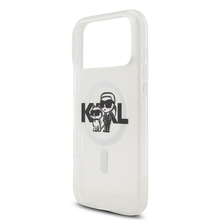 غطاء Karl Lagerfeld MagSafe IML Glitter مع رؤوس Karl & Choupette لهاتف iPhone 17 Pro Max، حماية من الصدمات، تصميم نحيف وخفيف الوزن، تثبيت سهل، قبضة مريحة، تغليف مستدام - شفاف