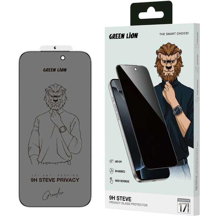 جرين ليون 9H ستيف بريڤاسي لأيفون 17 برو ماكس، زجاج مضاد للتجسس، صلابة العنصر 9H، وضوح بلوري، استجابة عالية، حماية خصوصية، مضاد للبصمات، مضاد للخدوش، طلاء زيتي، نحيف للغاية - أسود