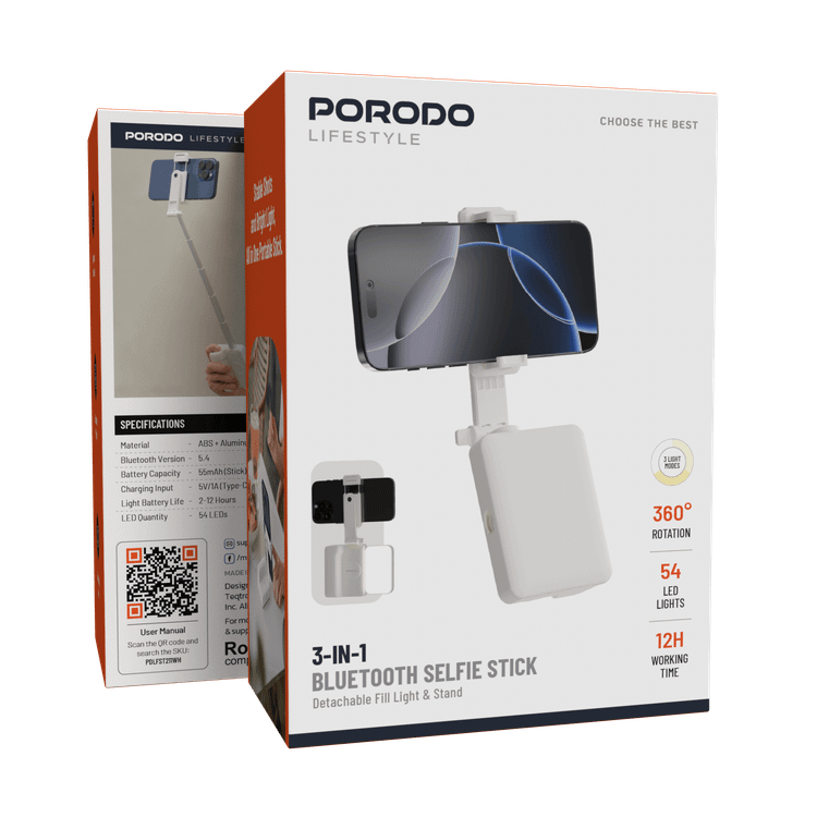 Porodo Lifestyle 3-in 1 Bluetooth Selfi Stick with Detachable Fill Light & Stand, 360° Rotation, Extendable Arm, 12 Hours Working Time - White