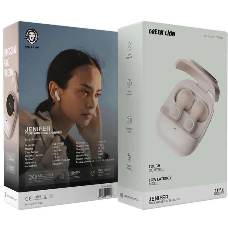 Green Lion Jenifer True Wireless Earbuds TWS, Touch Control, Voice Assistant, Breathing Lights, Clear Call Quality - Beige