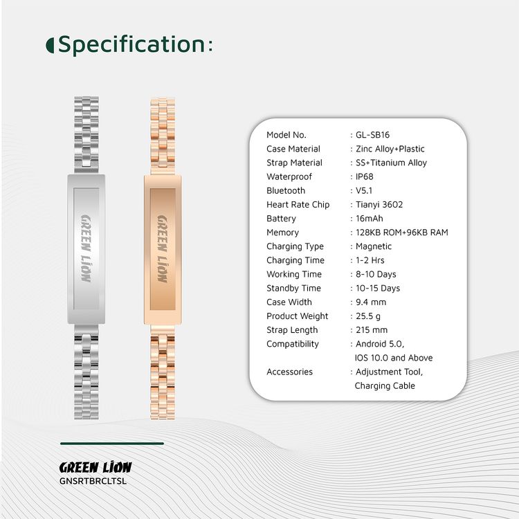 Green Lion Smart Bracelet Zinc Alloy Case with Heart Rate & Sleep Monitoring, Camera Control, 5 Days Working Time, Waterproof, 16mAh Battery Capacity, Bluetooth 5.1 - Silver