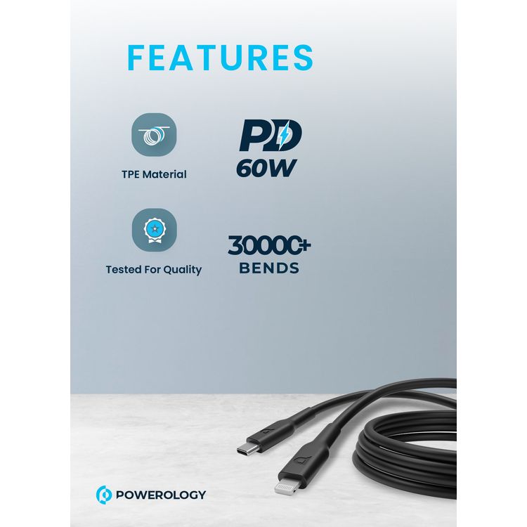 Powerology USB-C to Lightning Cable 3M, 60W, Made with durable Thermoplastic Elastomers, Withstands up to 30,000 bends - Black	