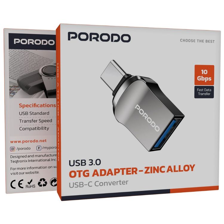 Porodo OTG Adapter with USB-A to USB-C Converter, Up to 10Gbps Transfer Speed, Universal Compatibility, Plug & Play, Zinc Alloy Material, USB 3.0 Version - Black