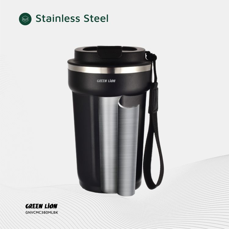 كوب مفرغة من جرين ليون، سعة 380 مل، مادة من الفولاذ المقاوم للصدأ، عزل مفرغ مزدوج الجدار، مظهر رائع - أسود