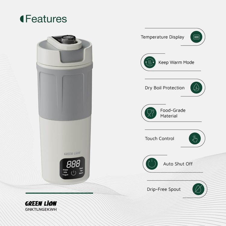 Green Lion Kettle & Go 600mL Electric Kettle with 300W Power, 6 Preset Functions, Type-C Power Input, 7-8 Minutes Heating Time, PP & Stainless Steel 304 Material, Touch Control, Auto Shut Off, Keep Warm Mode - White