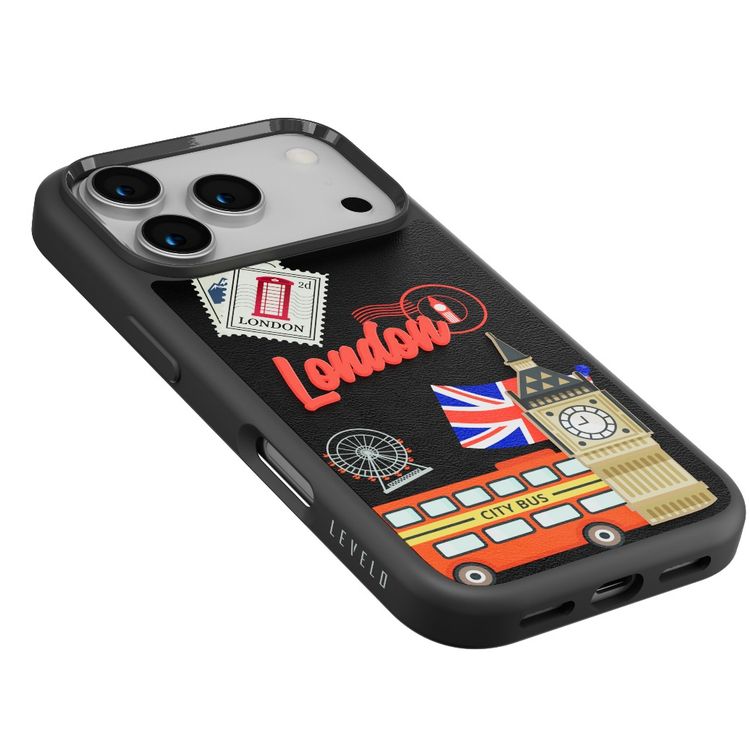 Levelo Vallo PU Leather Case for iPhone 17 Pro Max with Embroidery London Finish, Comfortable Hold, Durable PU Leather, Raised Bezels for Camera and Screen, True Microfiber Interior Lining, Scratch & Wear Resistant, Shock-Resistant Bumper - Midnight Black