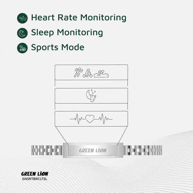 Green Lion Smart Bracelet Zinc Alloy Case with Heart Rate & Sleep Monitoring, Camera Control, 5 Days Working Time, Waterproof, 16mAh Battery Capacity, Bluetooth 5.1 - Silver