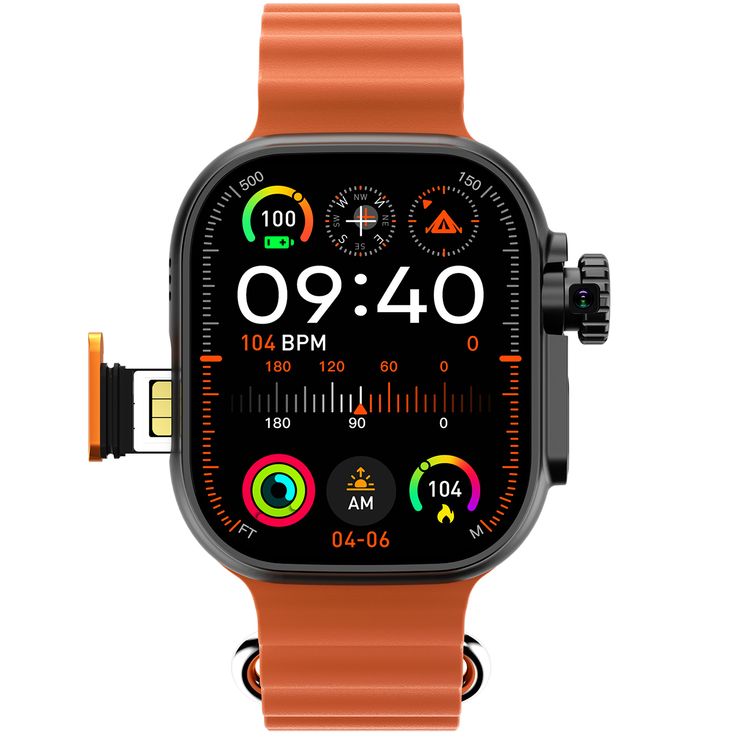 Green Lion 4G Ultra Smart Watch Android with Orange Strap 360° Rotatable Camera, Face Recognition, Android 8.1 OS, GPS Support, Magnetic Charging - Black 