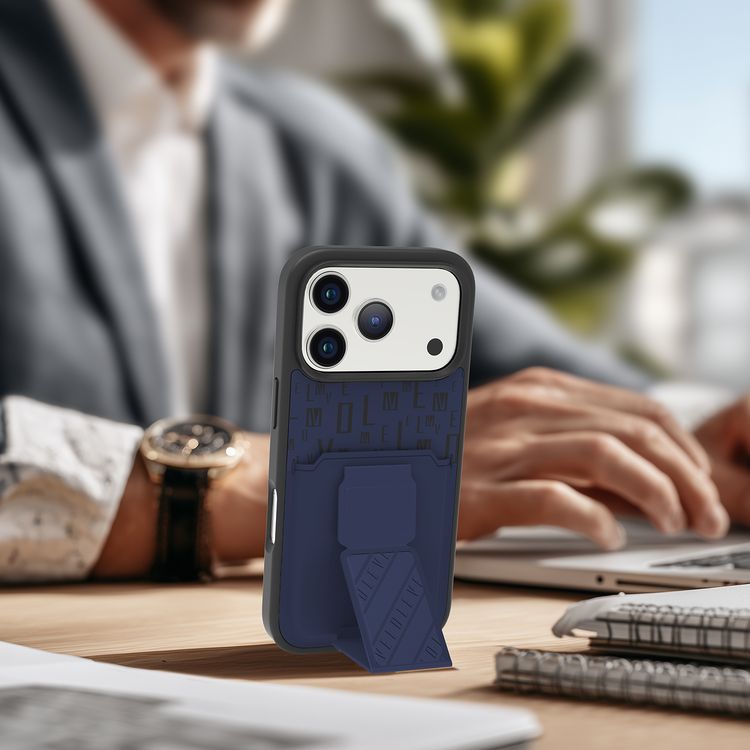 حافظة Levelo Morphix GripStand مع حامل بطاقات لجهاز iPhone 17 Pro، تصميم فاخر بطباعة العلامة التجارية، ممتص للصدمات، حواف مرتفعة للكاميرا والشاشة، حامل بتقنية الحزام المغناطيسي - أزرق منتصف الليل.
