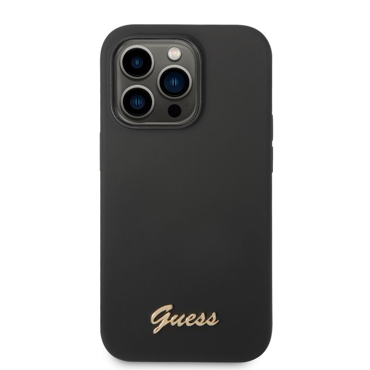 Guess Liquid Silicone Case With PC Camera Outline & Script Metal Logo - iPhone 14 Pro - Black