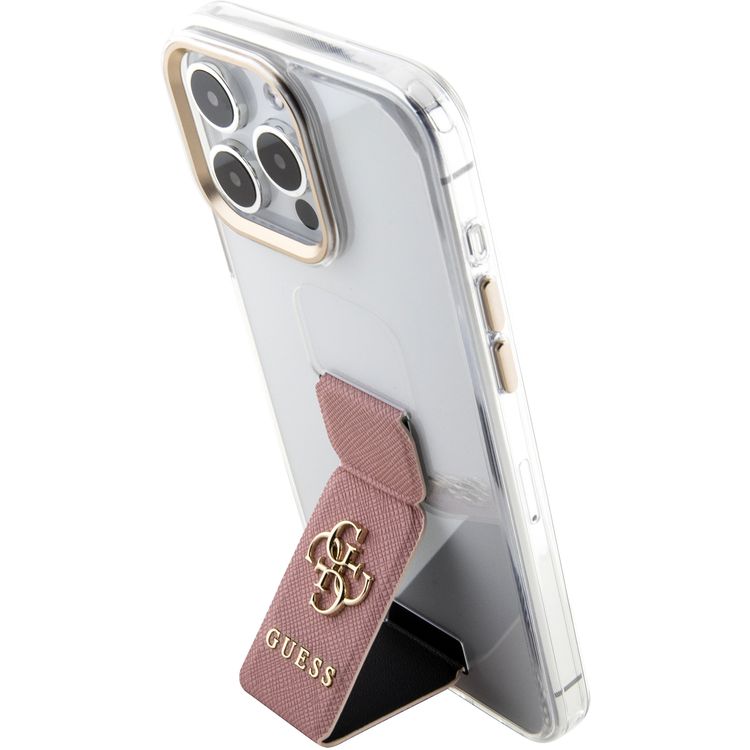 Guess Gripstand Clear Case with Saffiano Grip Leather & 4G Logo for iPhone 15 Pro Max -Black - القرنفل
