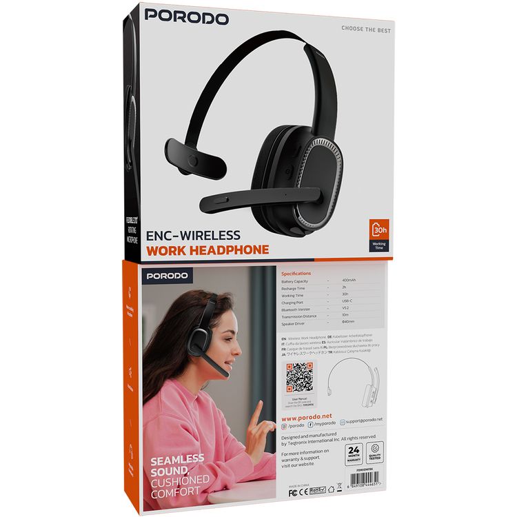 Porodo ENC Wireless Work Headphone with Noise Cancelling Microphone, Bluetooth V5.2, 15 Hours Working Time, 1 Hour Recharging Time, 200mAh Battery, Adjustable Headband - Black