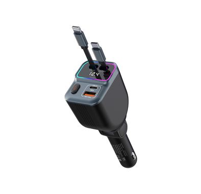 Porodo 65W Car Charger with Dual Retractable Cables, Real-Time Voltage Display, Type-C & Lightning Cable Types, USB-A & USB-C Ports, Universal  Compatibility - Black