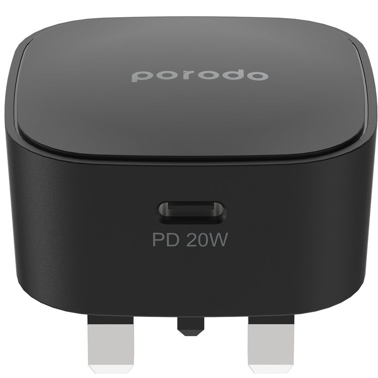 Porodo Super-Compact Fast Charger with Type-C to Lightning Cable, 20W USB-C Power Delivery, Overcurrent Protection, UK 3-Pin Plug, Fire Retardant Material, 0%-60% Charge in 30 Minutes - Black