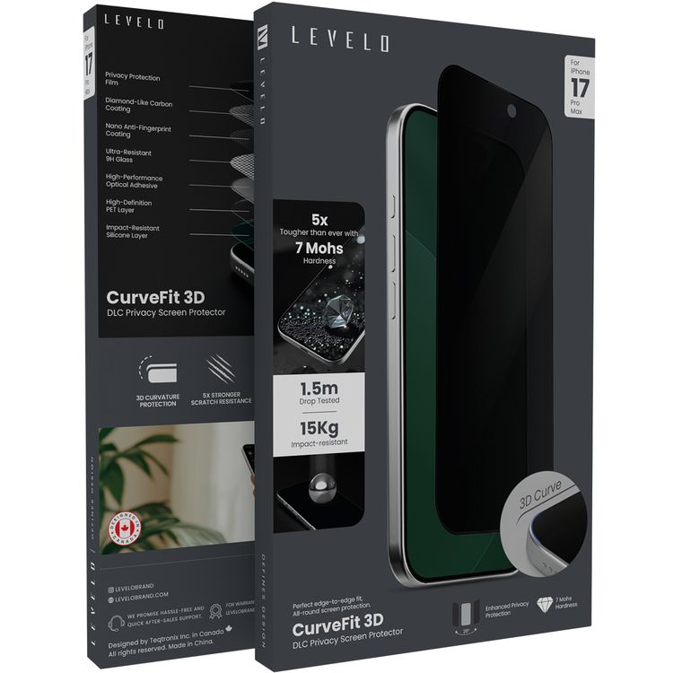 Levelo Curve Fit 3D DLC Privacy Screen Protector for iPhone 17 Pro Max, High-Performance Optical Adhesive, Impact-Resistant Silicone Layer, Edge-to-Edge Fit, Smooth Touch Experience, Anti-Fingerprint, Oleophobic Coating - Black