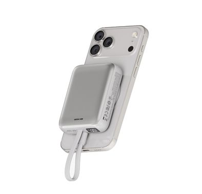 Green Lion Revon 10000mAh Power Bank with LED Digital Display, 20W Power Delivery, MagSafe Compatible, Built-in USB-C Cable Strap, Flight-Approved, Multiple Protection - Silver