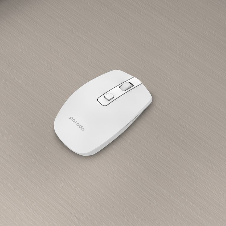 Porodo 1600 DPI Wireless Dual Mode Mouse with 10m Wireless Range, 30 Days Working Time, Built-in Battery - White