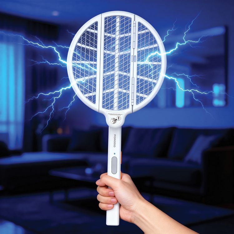 Porodo Swat Foldable Electric Insect Killer, Touch-Safe Surface, 1500mAh Battery Capacity, 2W Power, USB-C Charging Interface, Automatic Unfolding Face, Triple-Layer Mesh - White