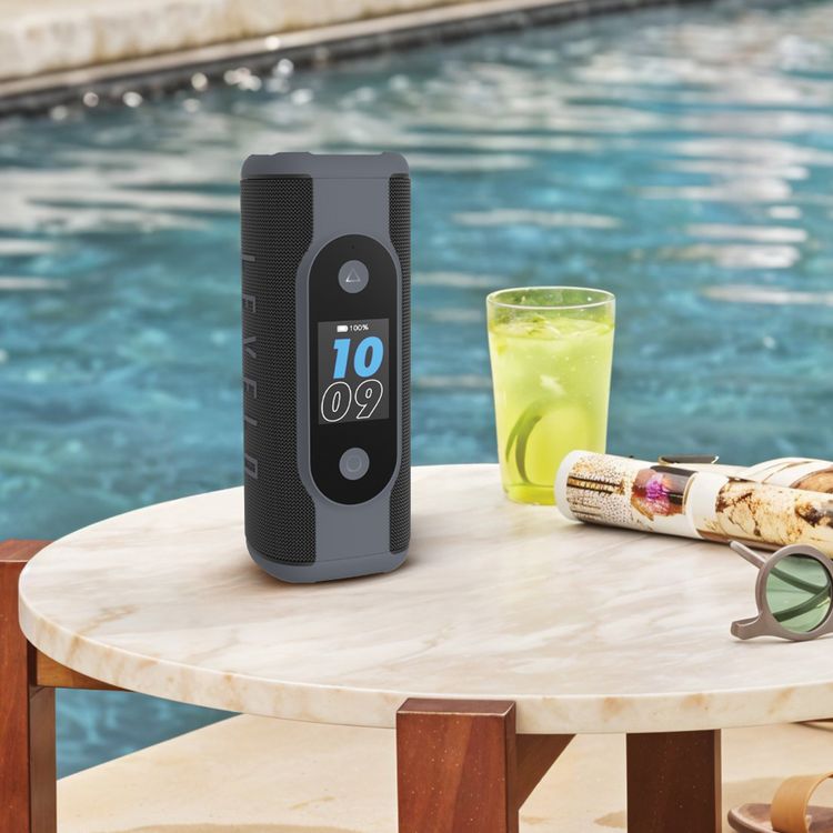 Levelo BassBeat Portable Speaker with 2.4" Touch Display, Up to 12 Hours Play Time, Bluetooth Version 5.4, 8000mAh Battery, Alarm, Clock & Calendar Functions, Water & Dust Resistant, Built-in FM Radio - Black