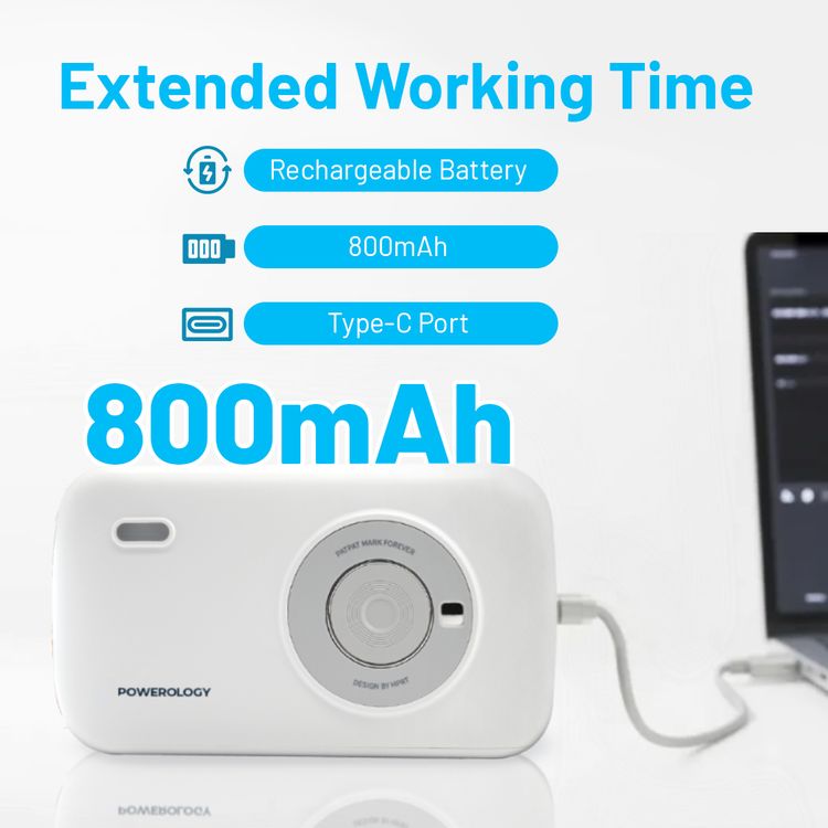 Powerology Vivant Mini Thermal Printer with 300 DPI Resolution, 40 Seconds per Sheet Printing Speed, 5.5cm Paper Width, Bluetooth Version 5.0, 800mAh Battery Capacity, 3 Hours Charging Time, Type-C Charging Port, Includes 10 Thermal Films, Auto Laminating Protection - White