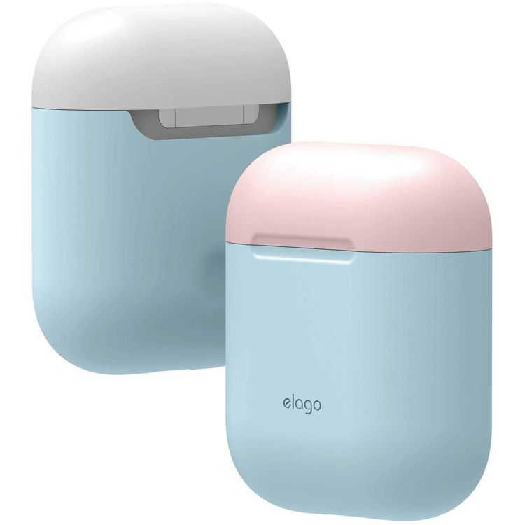 Elago Duo Case for Airpods, 3-in-1 Pastel Color, High Quality Silicone, Shock Resistant, Scratch Resistant, Supports Wireless Charging - Body-Pastel Blue / Top-Pink,White