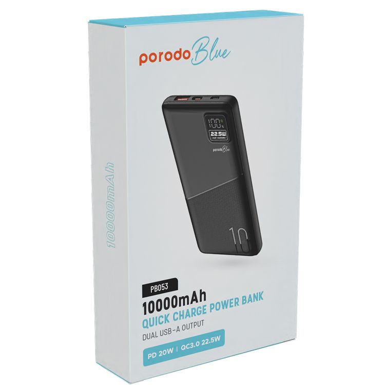 Porodo Blue Quick Charge Power Bank with USB-A & USB-C Outputs, 10000mAh Battery Capacity, Digital Display, 20W Power Delivery - Black