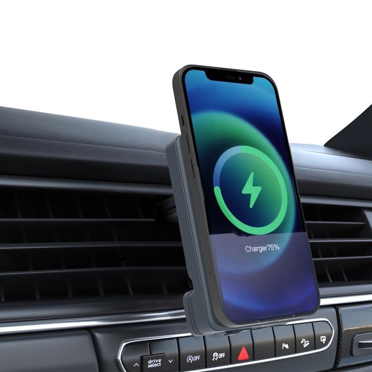 Powerology Car Mount 5000mAh Power Bank with Magnetic Wireless Charger, MagSafe Charging, PD 20W Fast Charge, Folding Air-Vent Clip, LED Indicator, Built-In Type-C Cable, Lightweight & Portable - Gray 