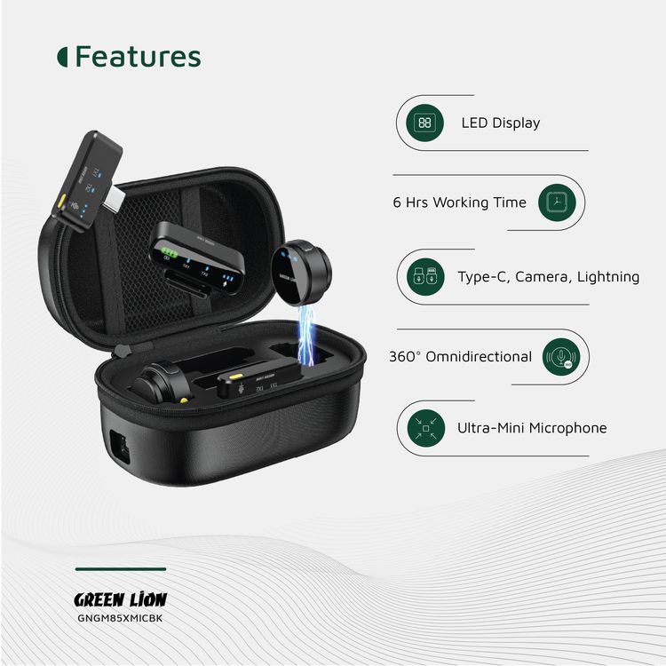 Green Lion GM-85X 3-in-1 Wireless Microphone with 360° Omnidirectional, Type-C and Camera and Lightning Devices, Reverb Mode, 20-40m Transmission Range, 6 Hours Working Time, 28 Hours Case Battery Life, Type-C Charging Port, 120 Minutes Charging Time, LED Display - Black