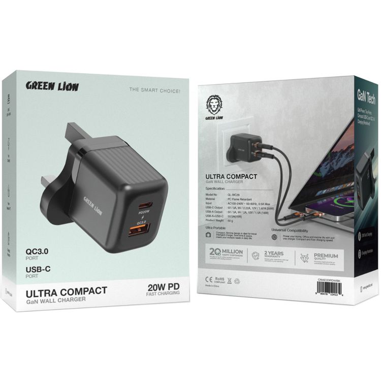 Green Lion Ultra Compact GaN Wall Charger with Dual USB-C & USB-A Ports and PC Flame Retardant Material, Fast Charging Support, Charging Protection, Universal Compatibility, Ultra Portable - Black