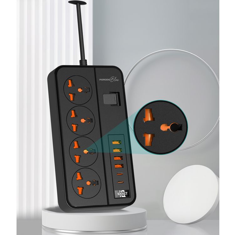 Porodo 4AC Universal Power Strip with Premium Materials, Safety Shutters, 13A Maximum Current, USB-A&C Output - Black  
