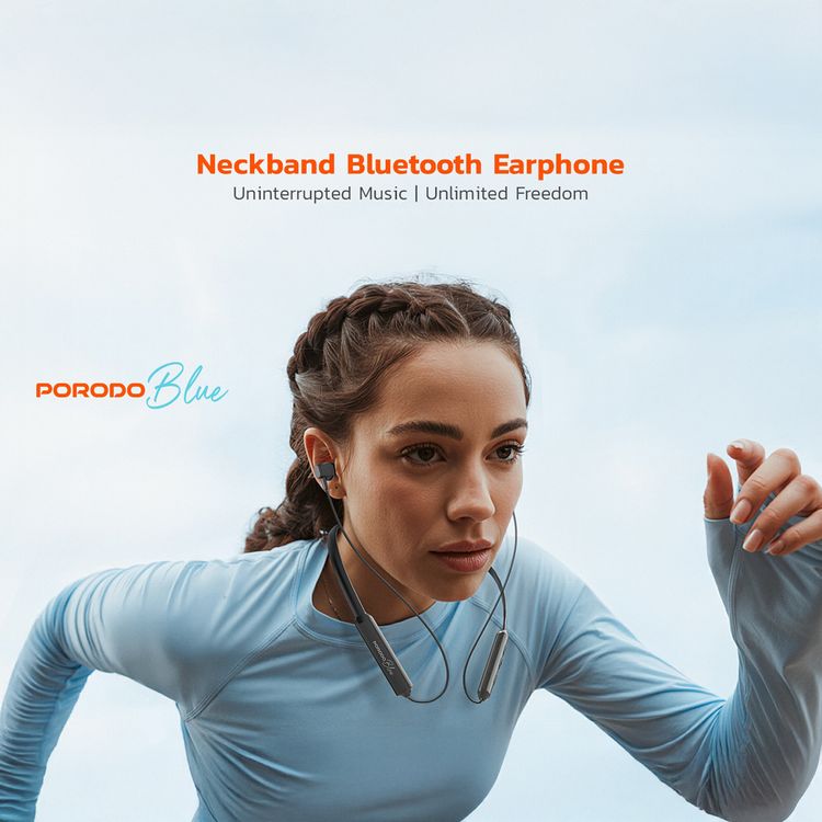 Porodo Blue ENC Neckband In-Ear Earphones with Up to 30 Hours of Playtime, 200mAh Battery Capacity, 15m Transmission Distance, Bluetooth Version 5.3 - Black