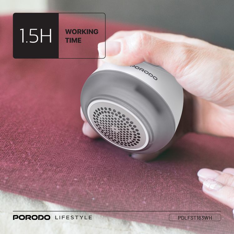 Porodo Lifestyle Fabric Shaver Lint & Bobbles Remover with Efficient 6-Blade Design, 5W Rated Power, 600mAh Battery Capacity, 1.5 Hours Working Time, USB-C Charging Interface, 7200RPM Motor Speed, 50mL Lint Bin Capacity - White