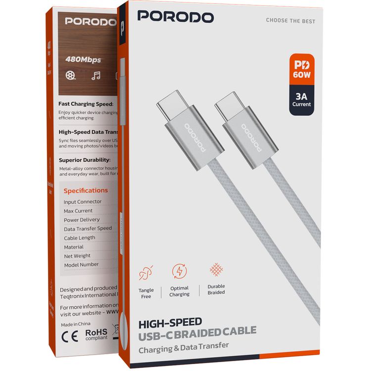 Porodo High-Speed USB-C to USB-C Cable with 60W Power Delivery, Cotton Braided Jacket, 480Mbps Data Transfer Speed, High-Speed Charging, Tangle-Free, Optimal Charging - Silver