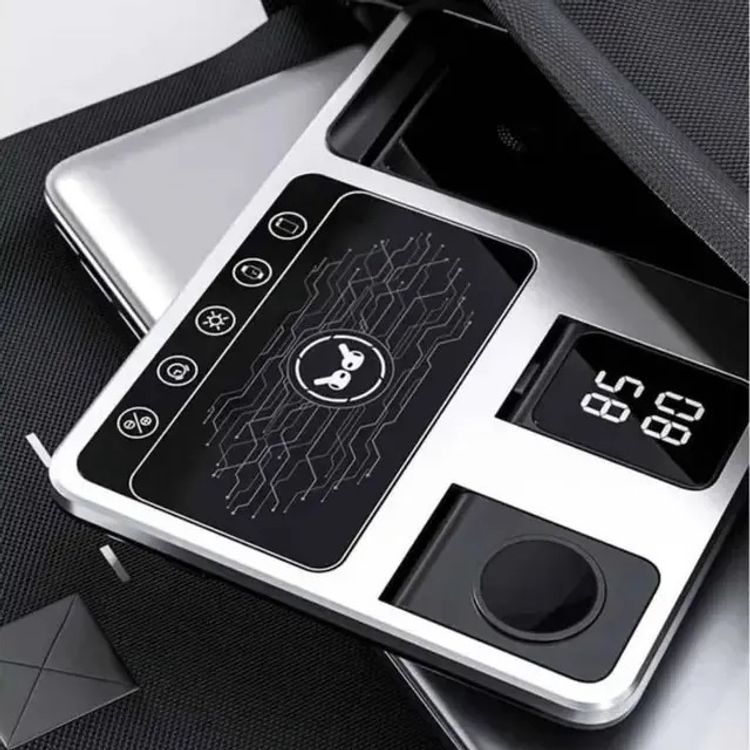 Green Lion 4-in-1 Wireless Charging Station 15W, Innovative Design, Digital Clock, Type- C Input, One Touch Automatic Lift, 5W Earphones Output, 2.5W Watch Output - Gray