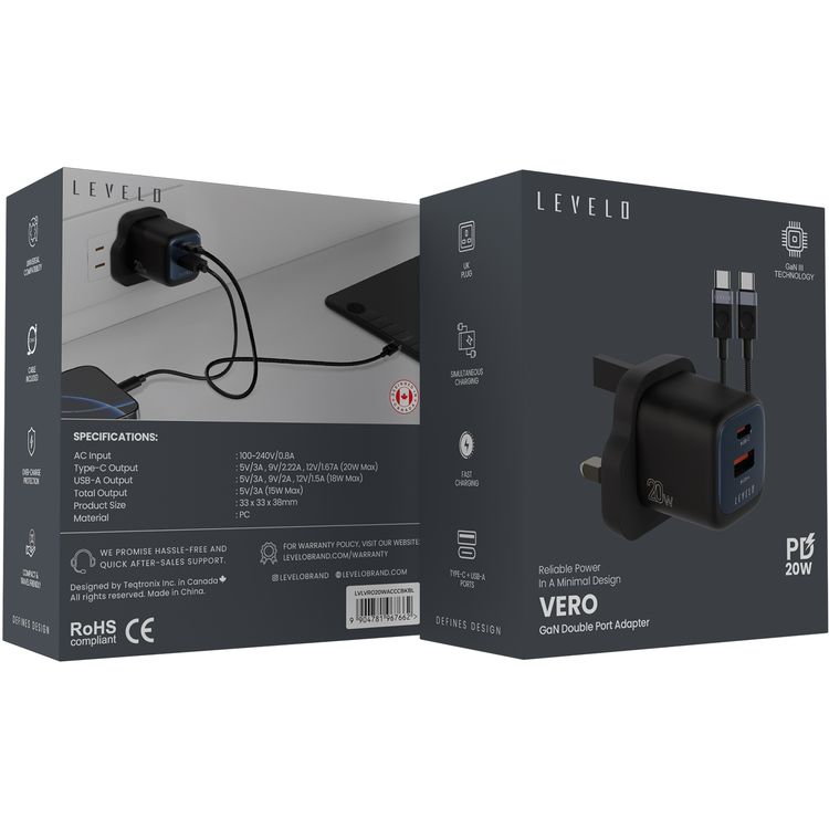 Levelo Vero GaN  Double Port Adapter with Type-C to Type-C Cable, PD 20W, Type-C + USB-A Ports, 20W Max Output, Fast Charging, Over Charge Protection - Black / Blue