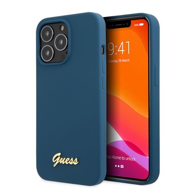 CG MOBILE Guess Liquid Silicone Case with Gold Metal Logo Script Compatible for iPhone 13 Pro (6.1") Anti-Scratch, Easy Access to All Ports, Shock Absorption